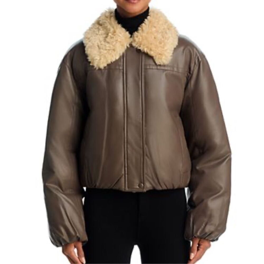 Stand Studio Fran faux leather puffer jacket fur collar mole brown size EU40 med